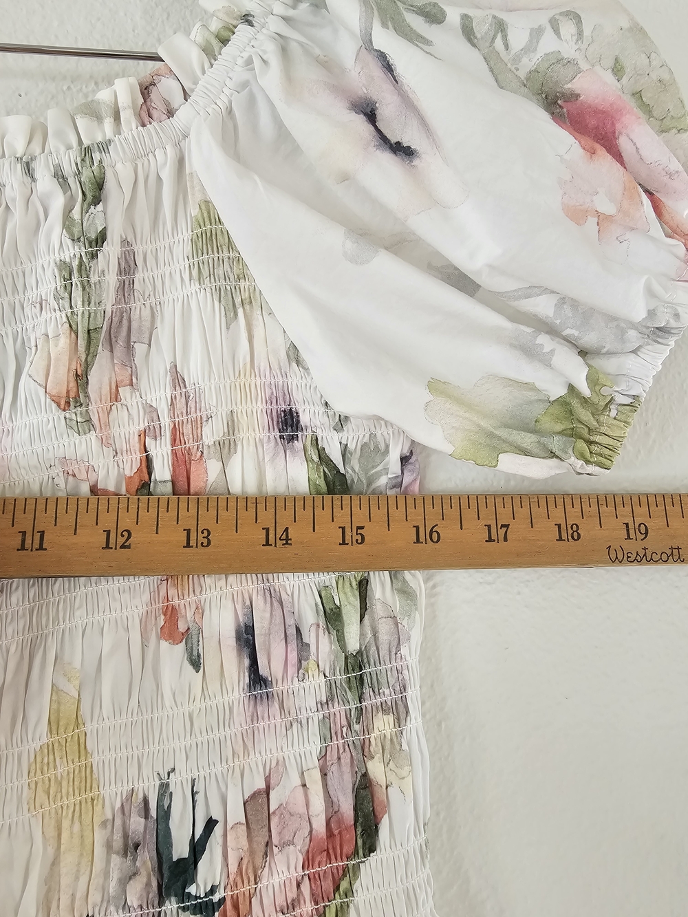 H&M Sz L Floral Print Off the Shoulder Puff-Sleeve Smocked Poplin Midi Dress - Picture 8 of 14
